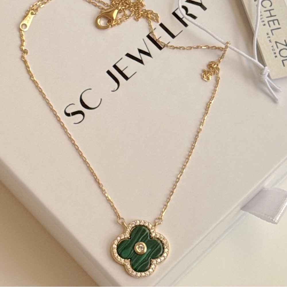 Rachel Zoe Clover Necklace | Malachite & Cubic Zirconia | Sterling Silver Jewelr